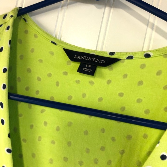 Lands' End Lime Green Polka Dot Dress VNeck Belted Size 6-8 Short Sleeve - Picture 2 of 4